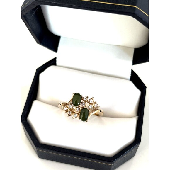 Vintage Ring Size 8 Jade Cabochons Crystal Accent 14K Gold Plate Mid-Century 14T - Picture 6 of 6